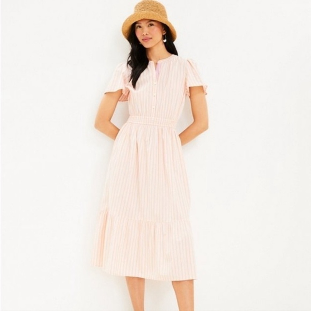 LOFT Blush Striped Midi Dress with Tiered Hem